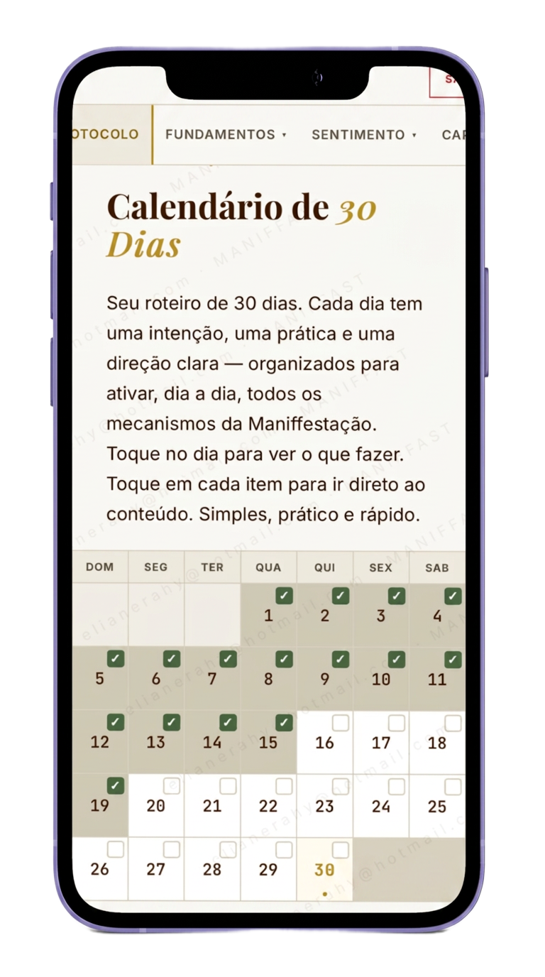 Mockup do calendário de 30 dias do app Maniffast